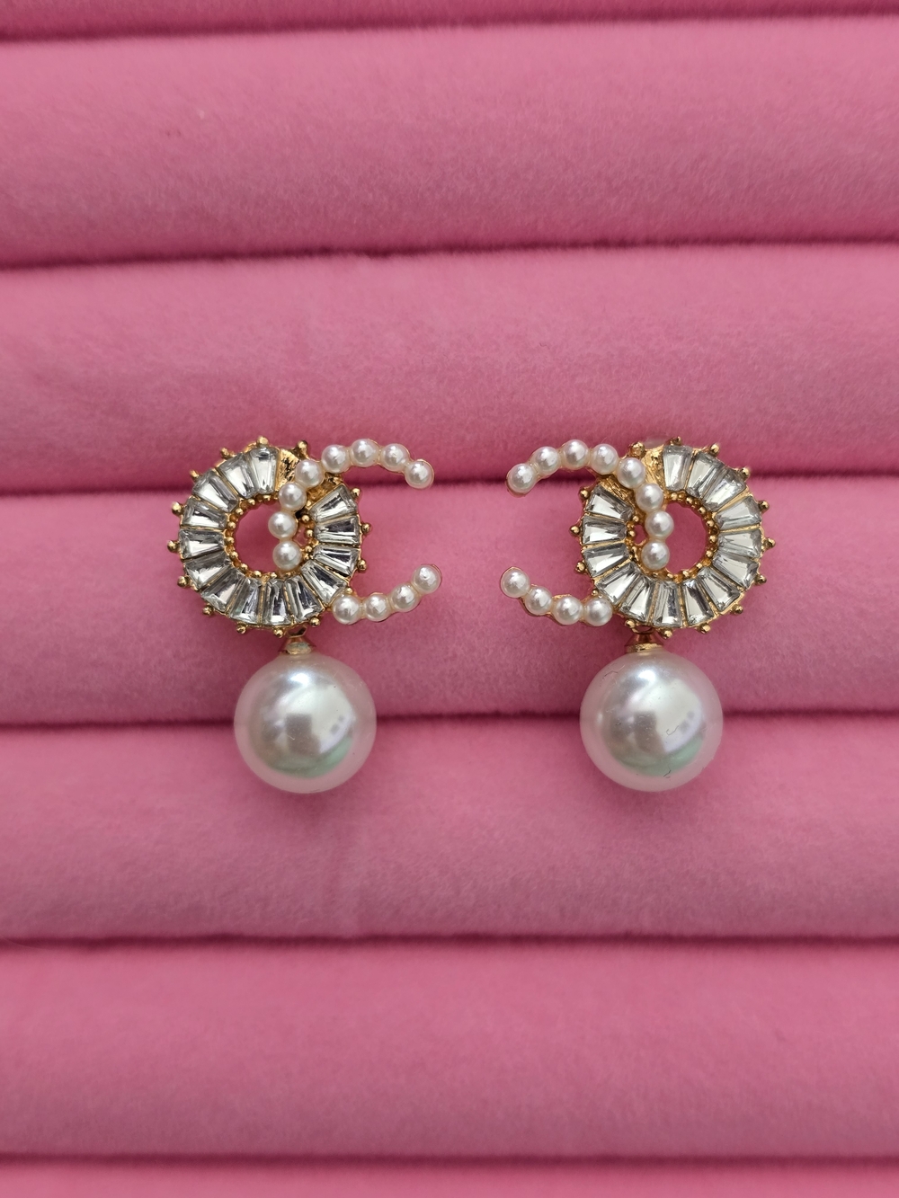 Pearl Drop Earrings with Crystal Accents - Pink
